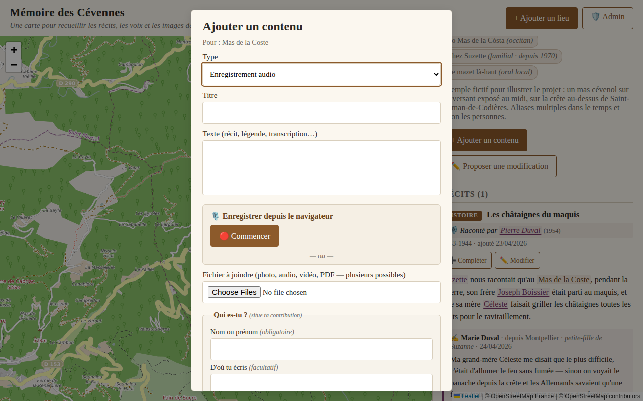 Dialog ajout de récit avec enregistreur audio