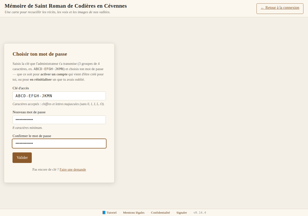 Page d'activation : saisie de la clé d'accès et choix du mot de passe